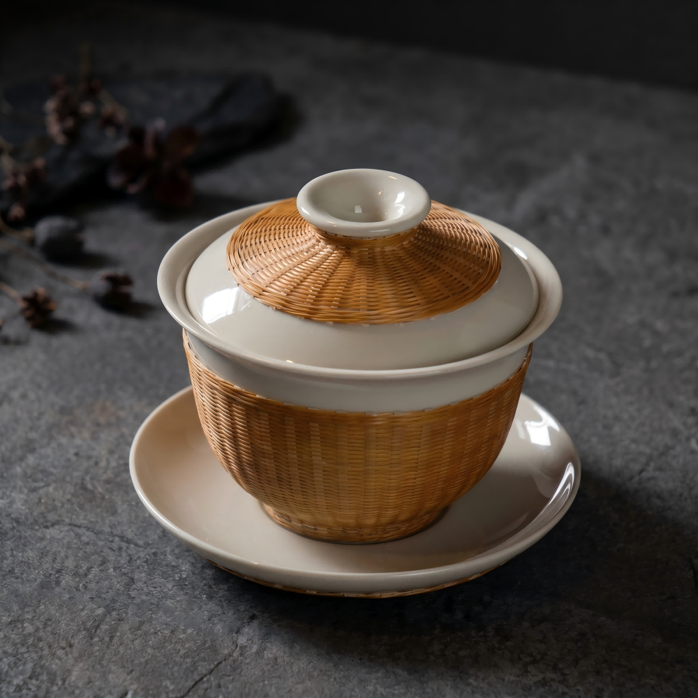 Bamboo-Woven Porcelain Tea Set – Handwoven Gaiwan & Cups | Chinese Tea Ritual | Orithing