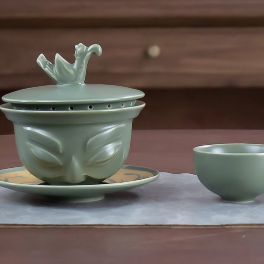 Celadon Ceramic Tea Cup Set with Lid – Ancient Mask-Inspired Design Tea Set | Orithing