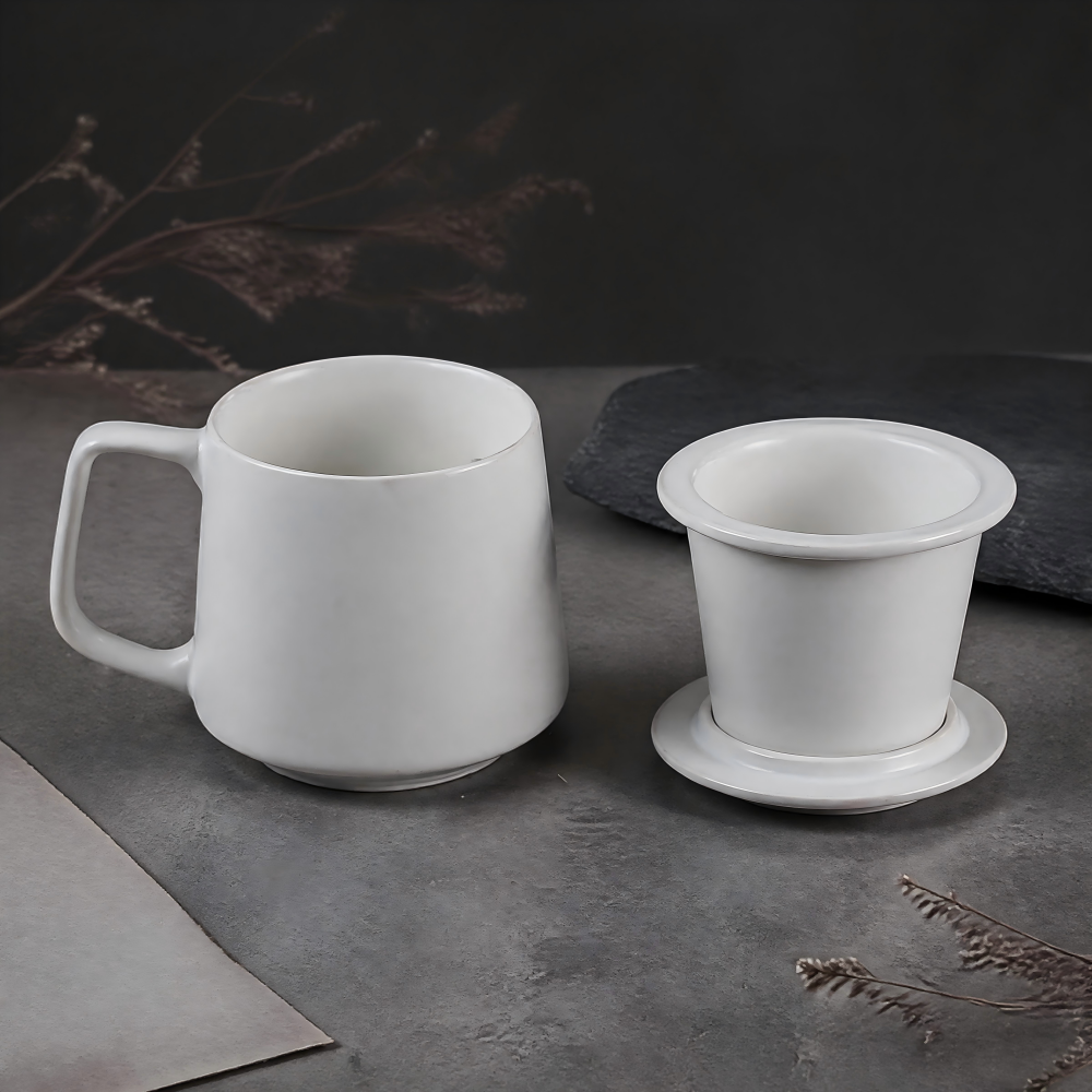 White Porcelain Tea Mug with Infuser & Lid – Minimalist Ceramic Tea Cup for Loose Leaf Tea | Orithing