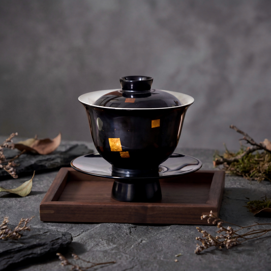 Lacquer-Finish Porcelain Tea Set – Handcrafted Gaiwan & Cups with Subtle Gold Detailing | Chinese Tea Ritual | Orithing