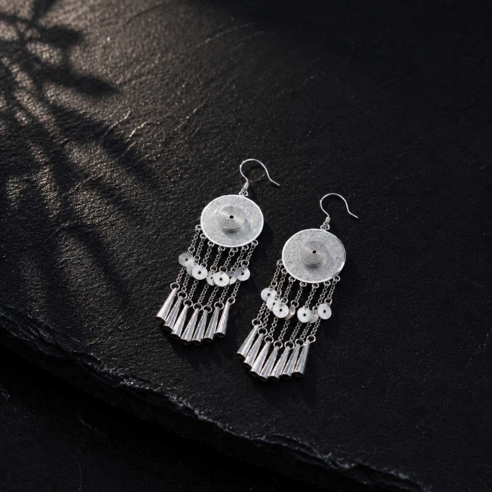 Handcrafted Miao Silver Disc Tassel Earrings – 999 Fine Silver Statement Earrings