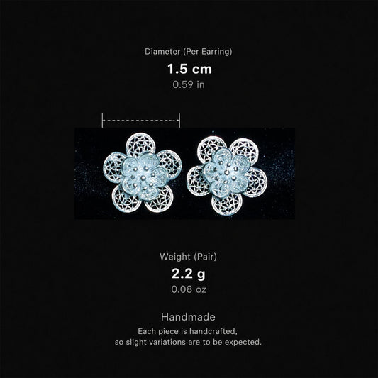 Handcrafted Miao Silver Flower Stud Earrings – 999 Fine Silver Filigree Jewelry