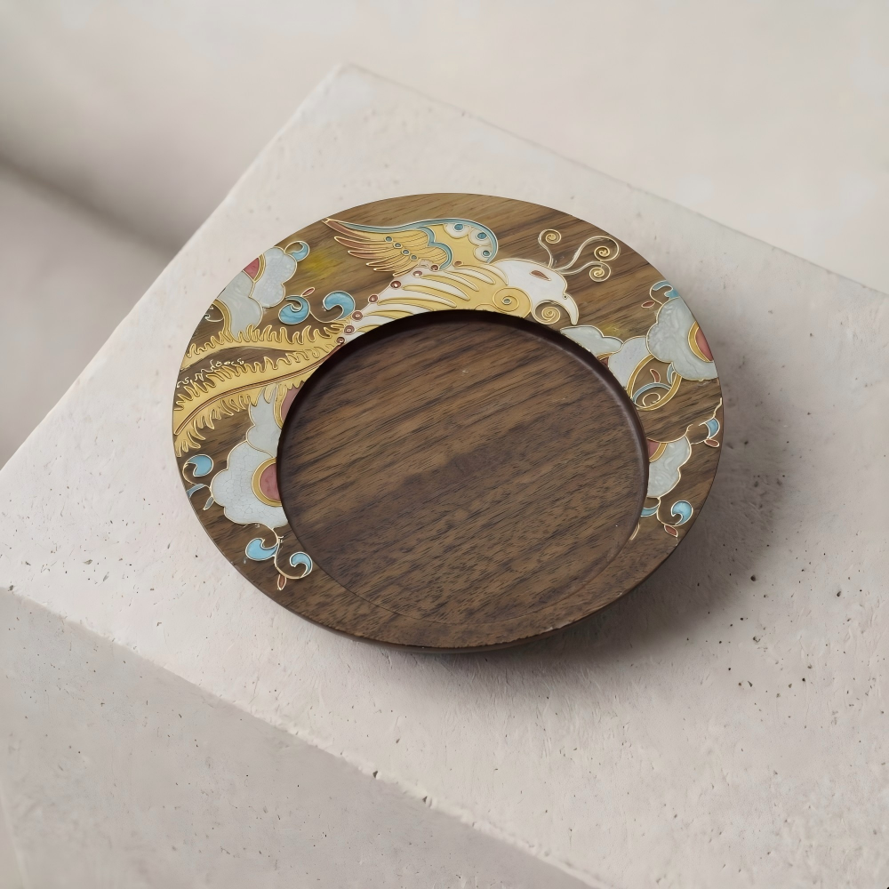 Handcrafted Circular Cloisonné Enamel Coaster |Black Walnut Wood