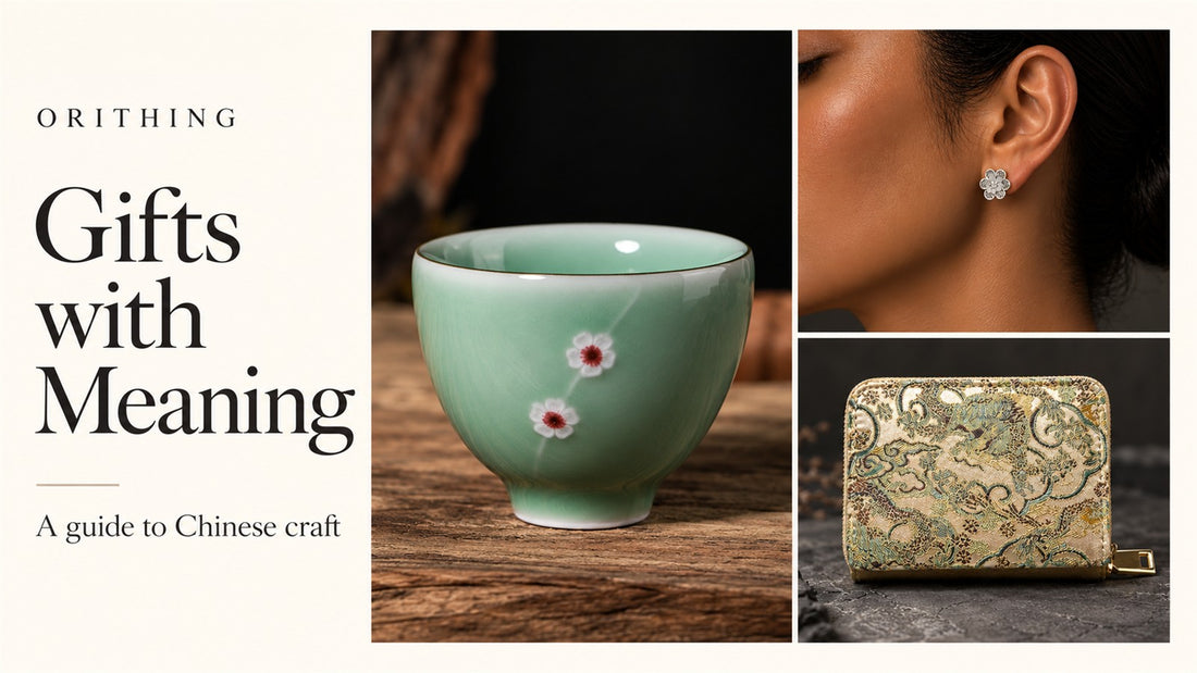 Orithing gift guide featuring a celadon plum blossom tea cup, Miao silver flower stud earring, and Song brocade card holder