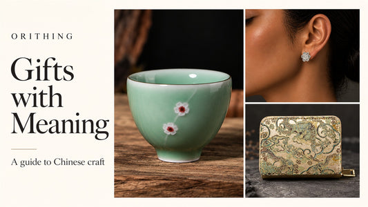 Orithing gift guide featuring a celadon plum blossom tea cup, Miao silver flower stud earring, and Song brocade card holder