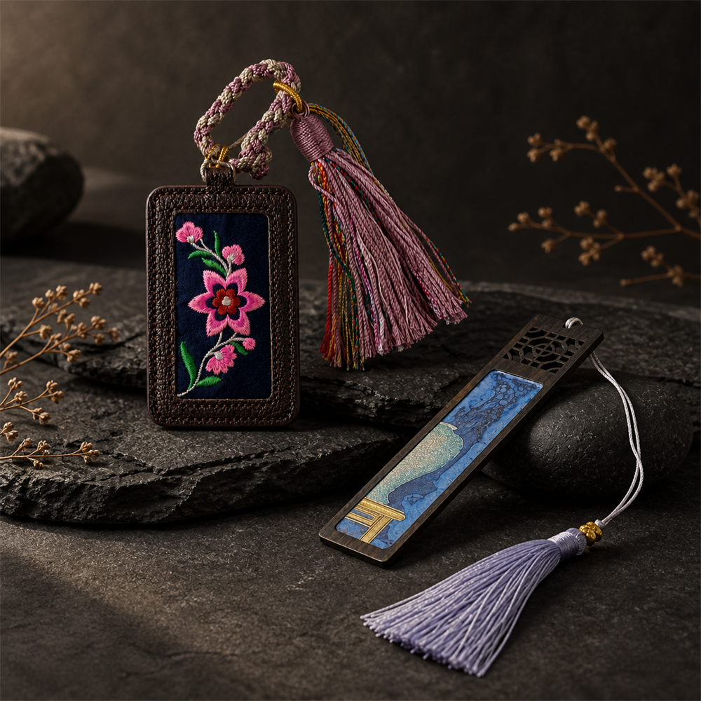 Xixiu embroidered luggage tag and cloisonné bookmark on dark stone