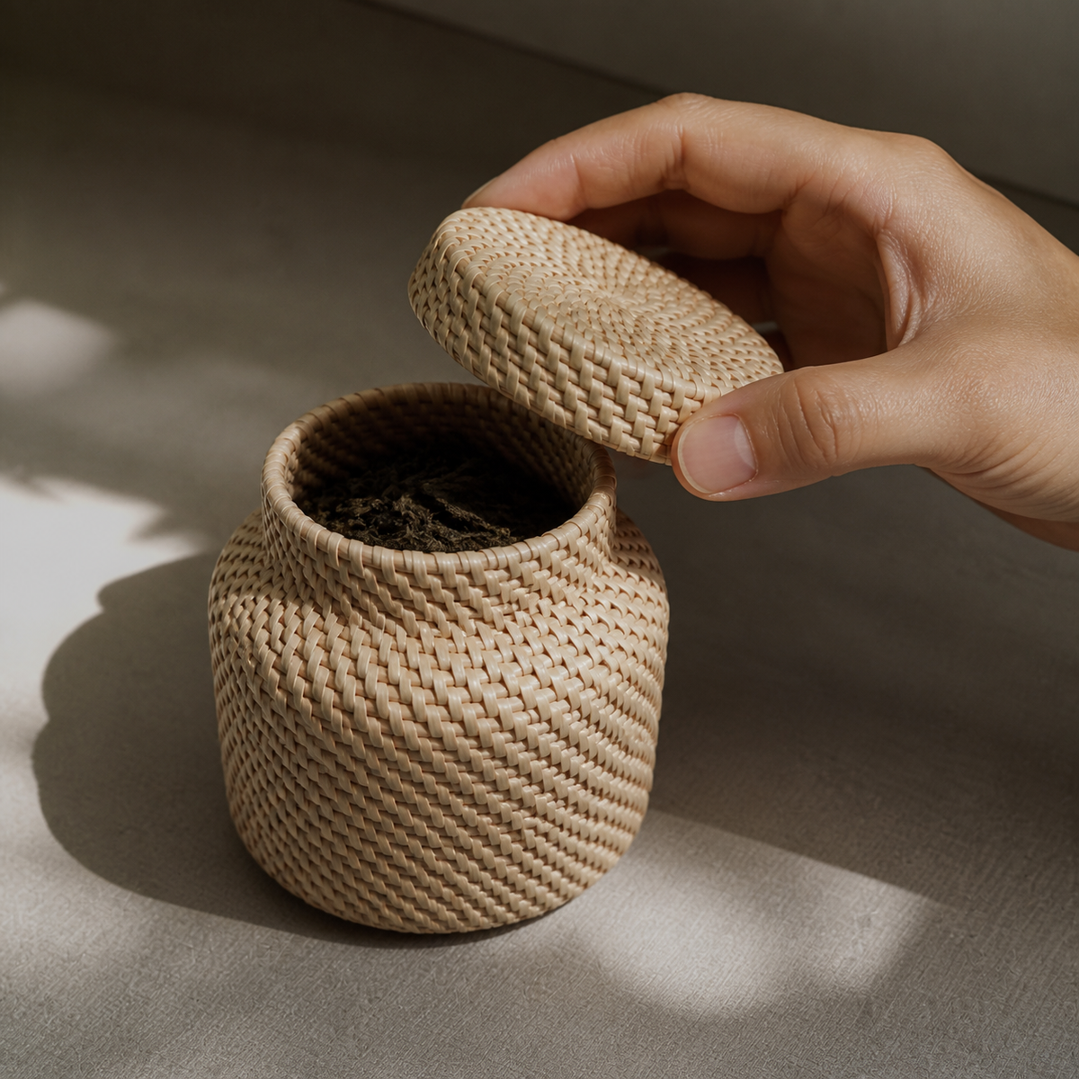 Handwoven Rattan Storage Jar with Lid – Tea & Jewelry Organizer