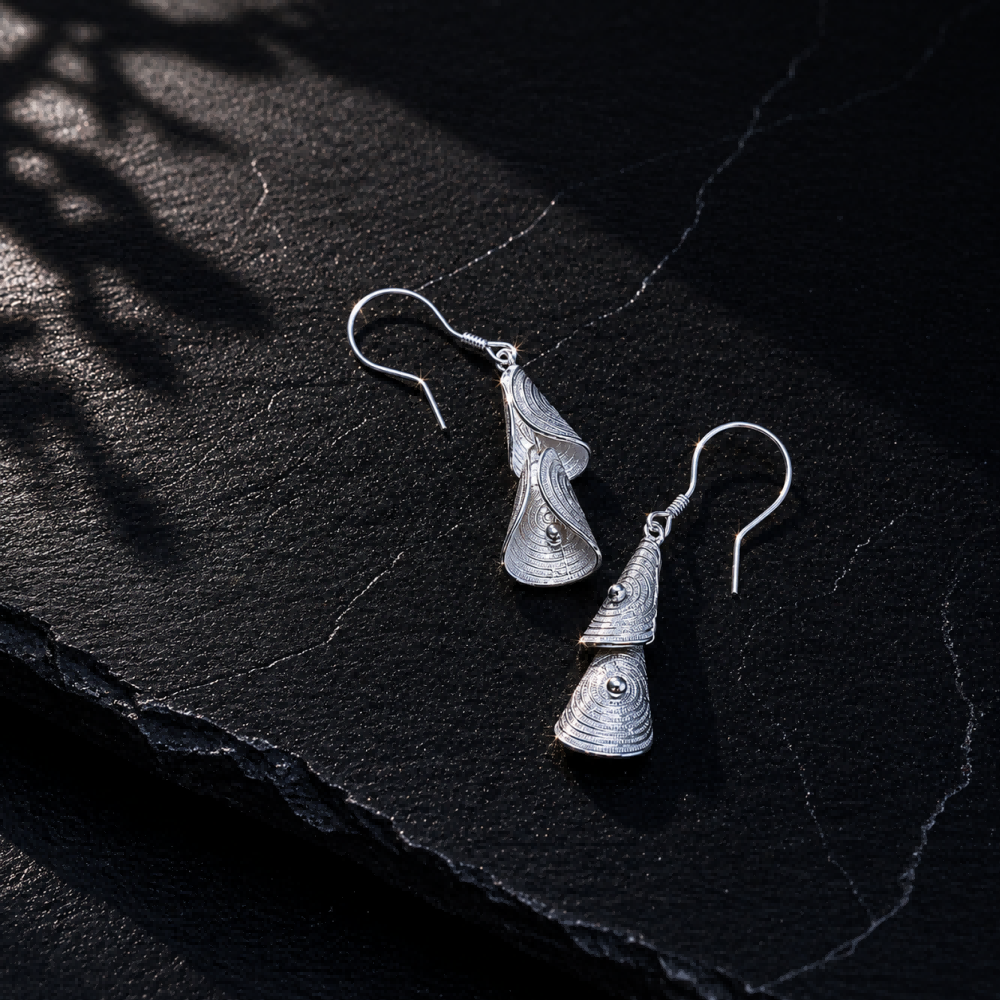 Handcrafted Miao Silver Bell Drop Earrings – 999 Fine Silver Ethnic Earrings