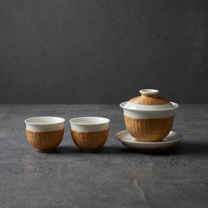 Bamboo-Woven Porcelain Tea Set – Handwoven Gaiwan & Cups | Chinese Tea Ritual | Orithing