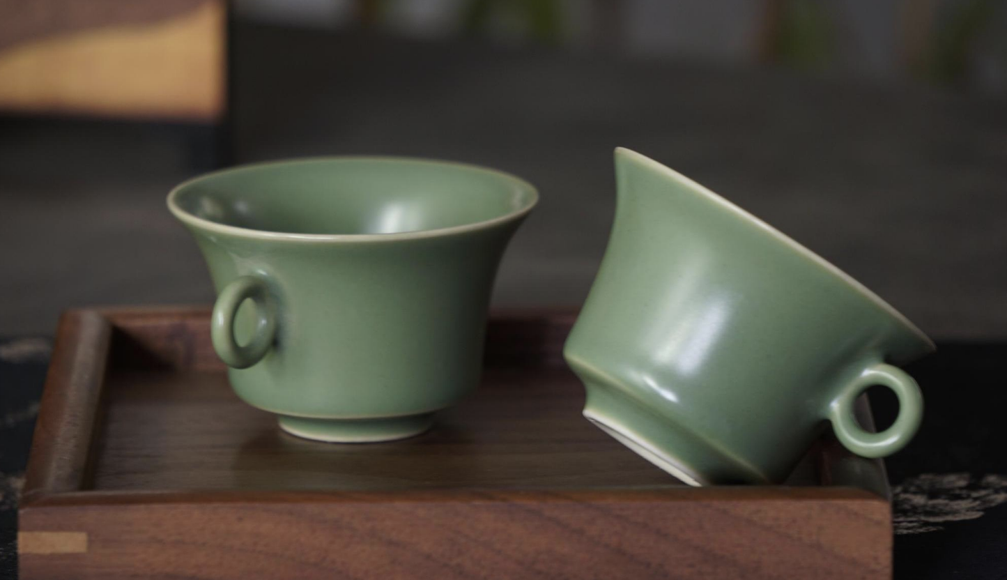 Celadon Ceramic Tea Cups Set of 2 – Minimalist Chinese Teacups with Handle | Orithing