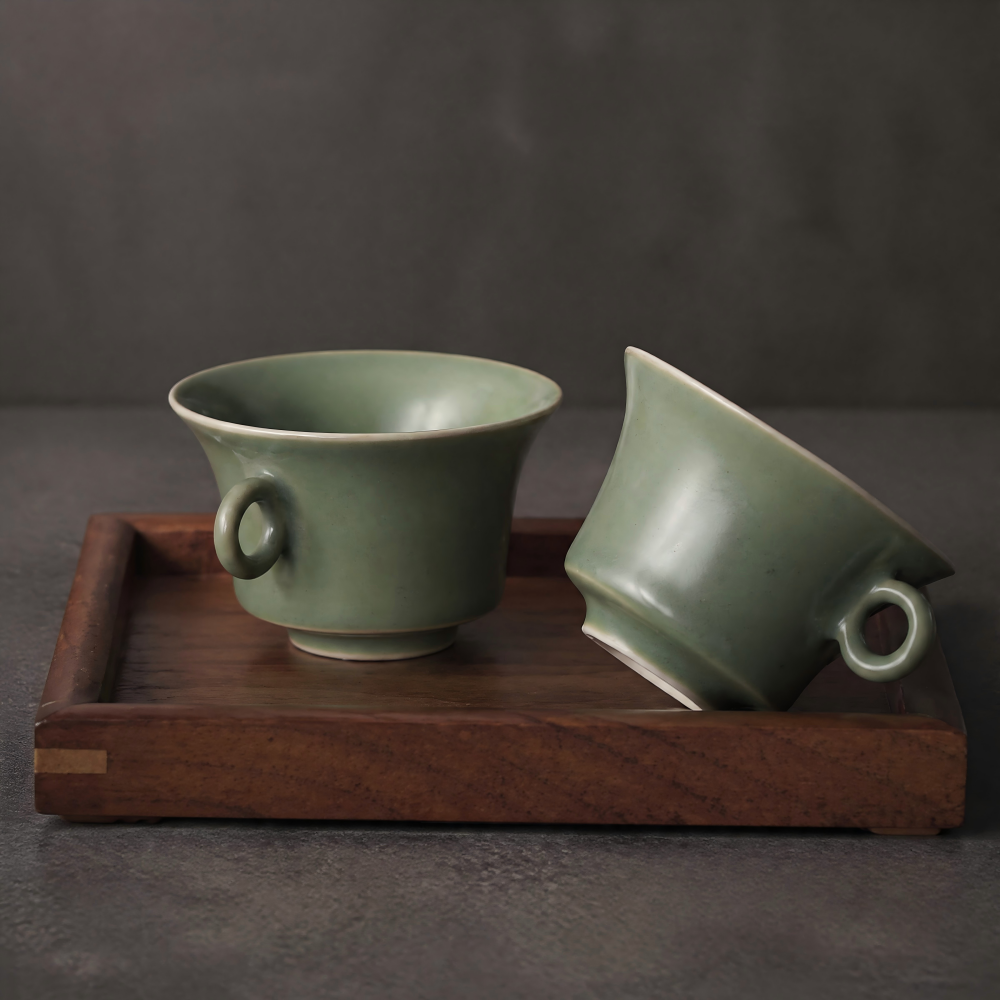 Celadon Ceramic Tea Cups Set of 2 – Minimalist Chinese Teacups with Handle | Orithing