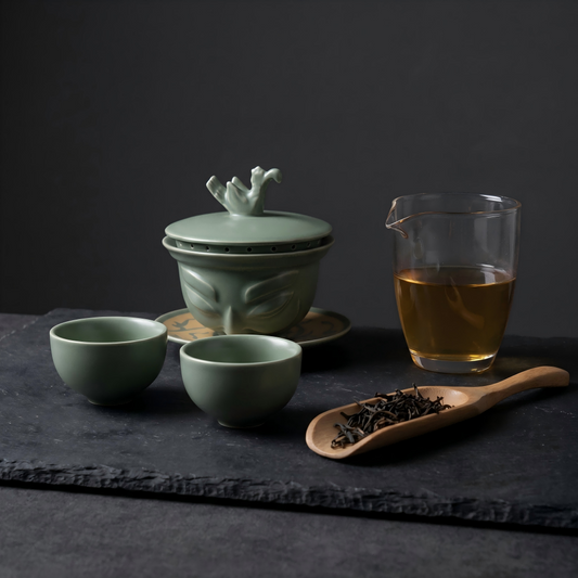 Celadon Ceramic Tea Cup Set with Lid – Ancient Mask-Inspired Design Tea Set | Orithing