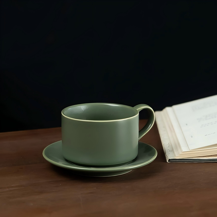 Ceramic Coffee Cup and Saucer Set – Celadon Green or White Minimalist Mug Set | Orithing