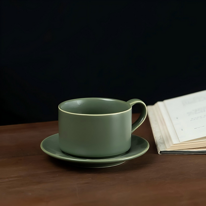 Ceramic Coffee Cup and Saucer Set – Celadon Green or White Minimalist Mug Set | Orithing