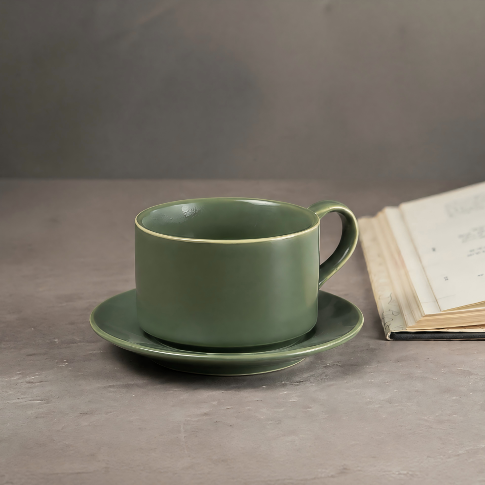 Ceramic Coffee Cup and Saucer Set – Celadon Green or White Minimalist Mug Set | Orithing