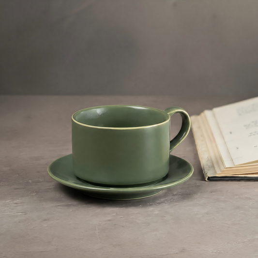 Ceramic Coffee Cup and Saucer Set – Celadon Green or White Minimalist Mug Set | Orithing