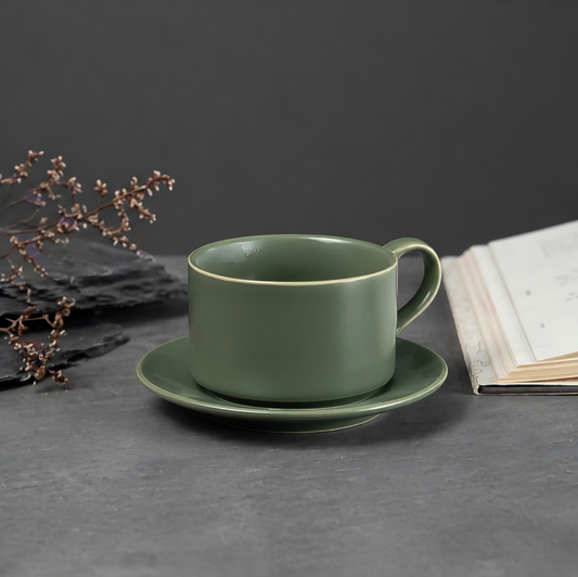 Ceramic Coffee Cup and Saucer Set – Celadon Green or White Minimalist Mug Set | Orithing