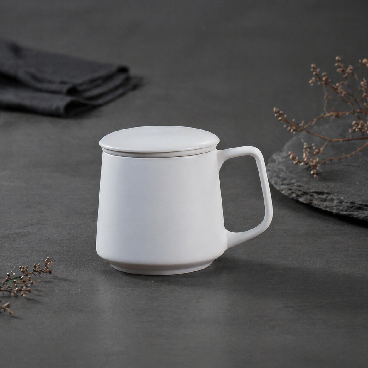 White Porcelain Tea Mug with Infuser & Lid – Minimalist Ceramic Tea Cup for Loose Leaf Tea | Orithing