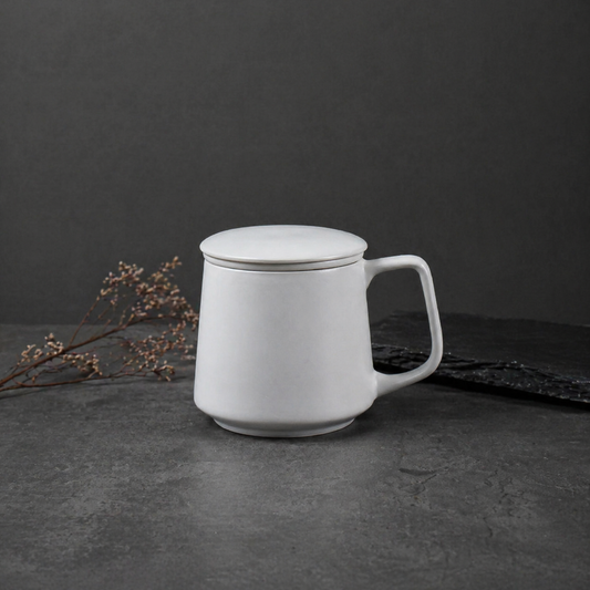 White Porcelain Tea Mug with Infuser & Lid – Minimalist Ceramic Tea Cup for Loose Leaf Tea | Orithing