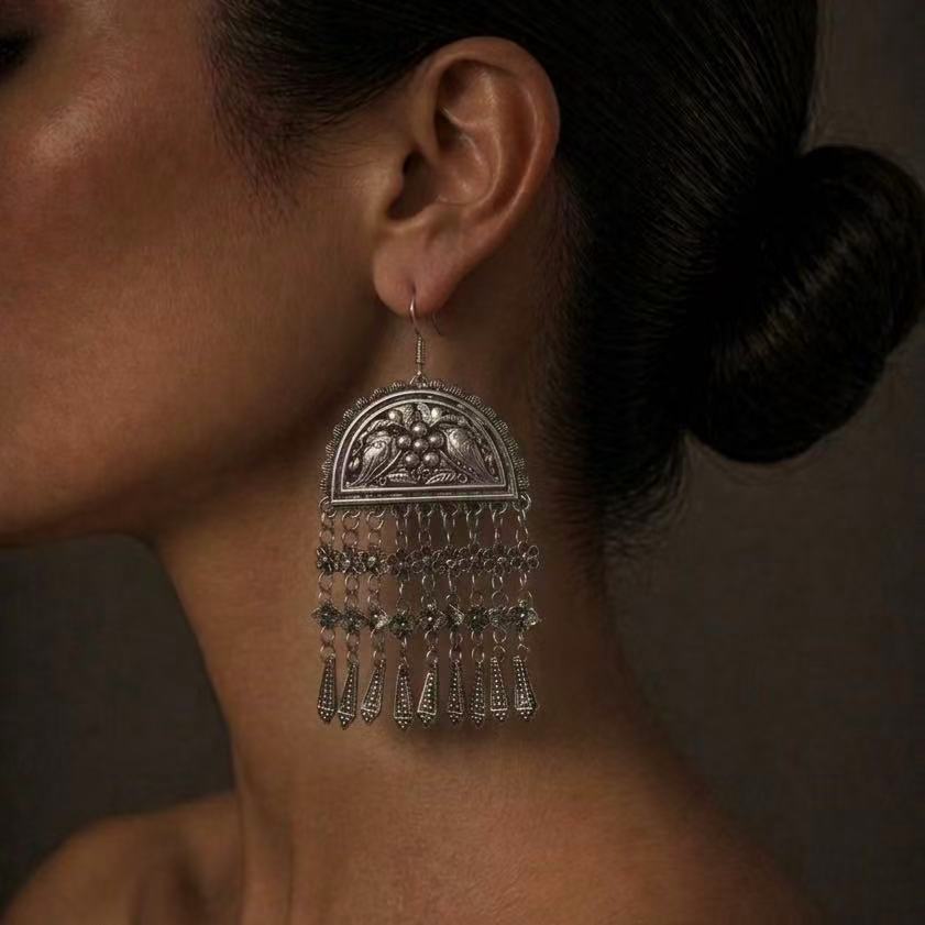 Handcrafted Miao Silver Filigree Tassel Earrings – Vintage Ethnic Statement Jewelry | Orithing