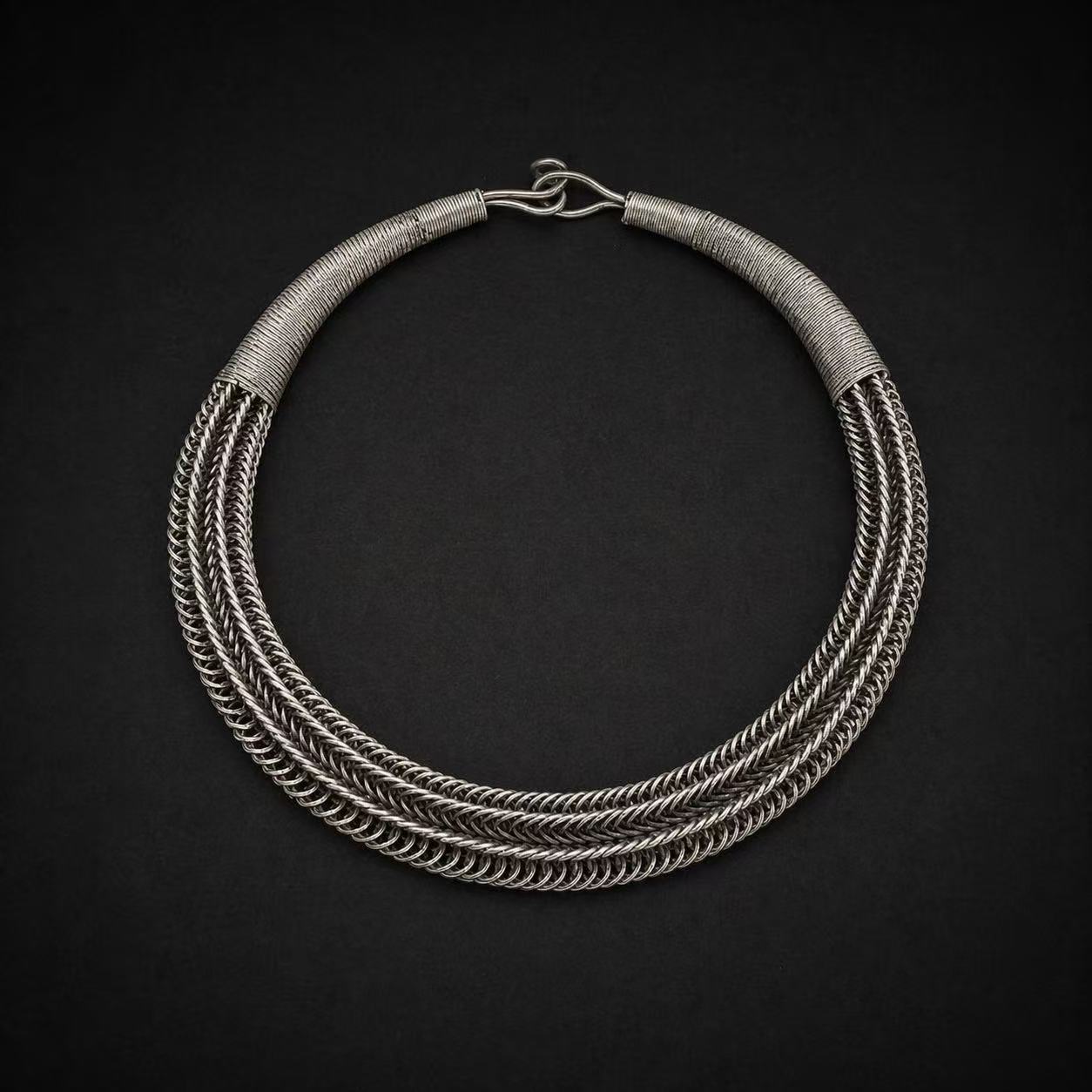 Handcrafted Miao Silver Multi-Layer Chain Necklace – Minimalist Ethnic Statement Jewelry | Orithing