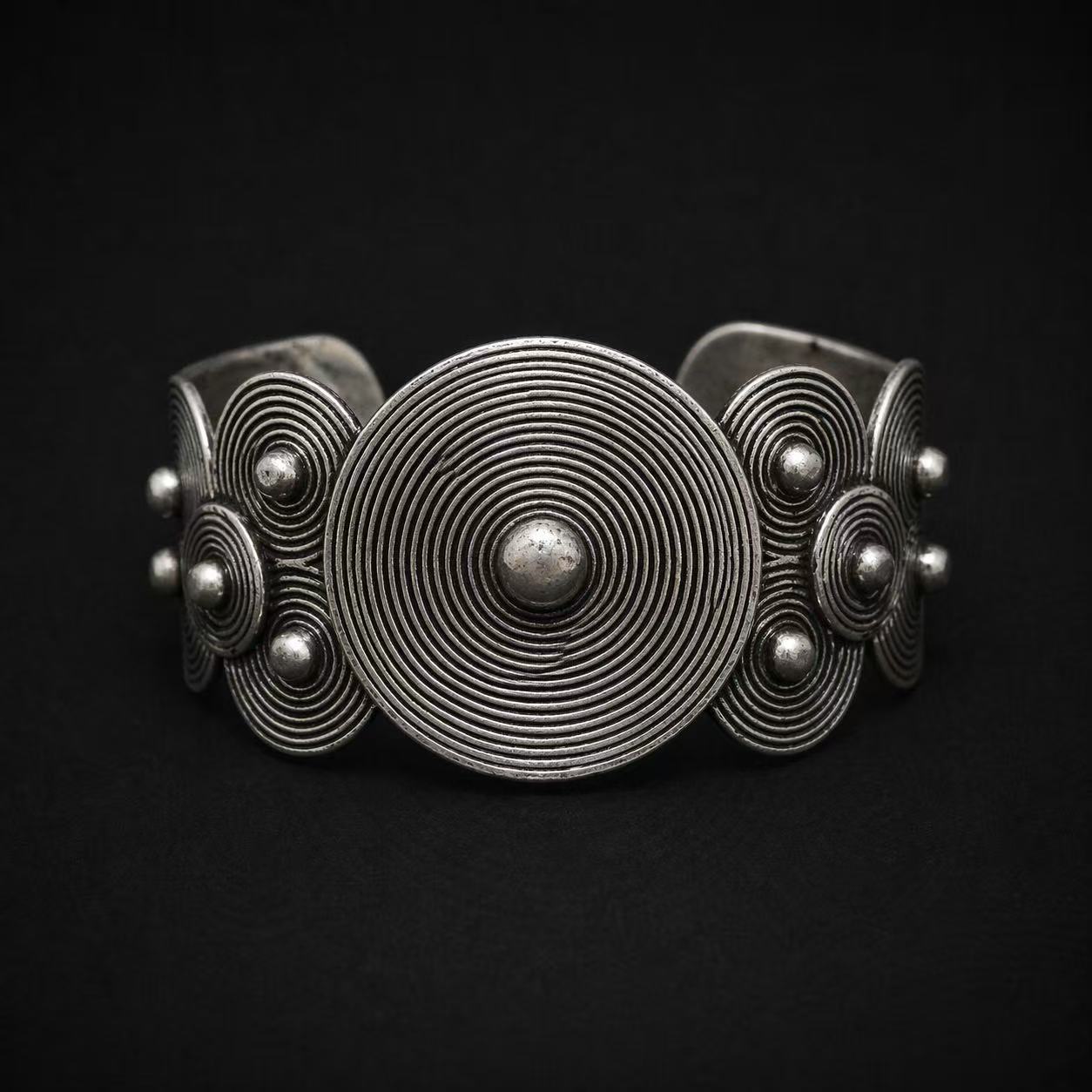 Handcrafted Miao Silver Spiral Disc Cuff Bracelet – Bold Ethnic Statement Jewelry | Orithing