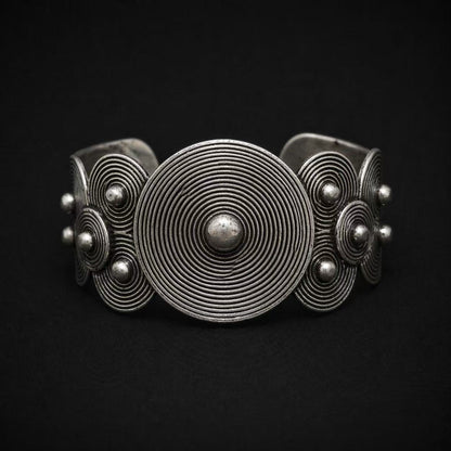 Handcrafted Miao Silver Spiral Disc Cuff Bracelet – Bold Ethnic Statement Jewelry | Orithing