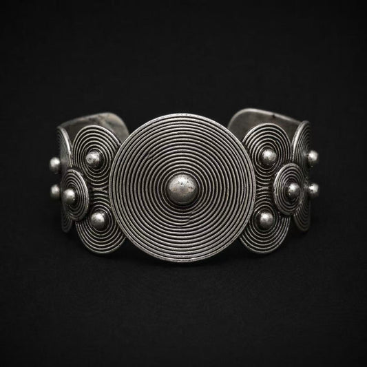 Handcrafted Miao Silver Spiral Disc Cuff Bracelet – Bold Ethnic Statement Jewelry | Orithing