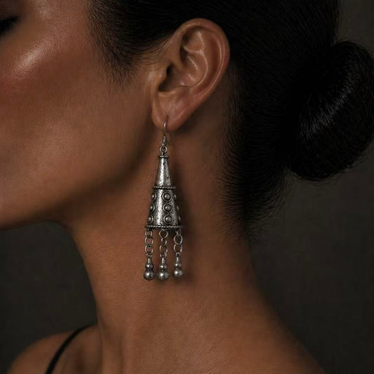 Handcrafted Miao Silver Tassel Drop Earrings – Vintage Ethnic Statement Jewelry | Orithing