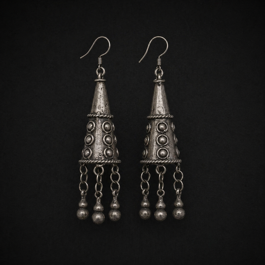 Handcrafted Miao Silver Tassel Drop Earrings – Vintage Ethnic Statement Jewelry | Orithing