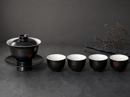 Lacquer-Finish Porcelain Tea Set – Handcrafted Gaiwan & Cups with Subtle Gold Detailing | Chinese Tea Ritual | Orithing