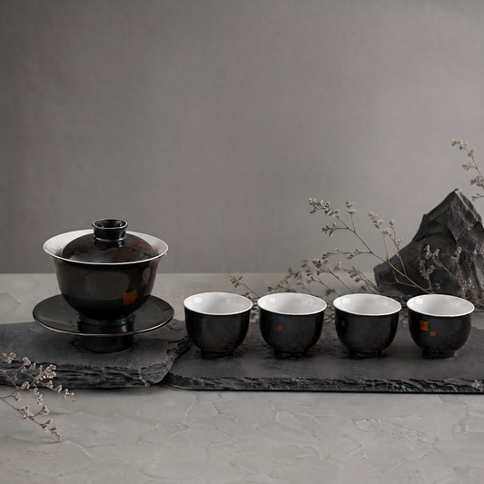 Lacquer-Finish Porcelain Tea Set – Handcrafted Gaiwan & Cups with Subtle Gold Detailing | Chinese Tea Ritual | Orithing
