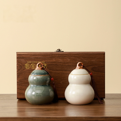 Ru Kiln Gourd Ceramic Storage Jar Gift Set – Handcrafted Tea & Spice Containers