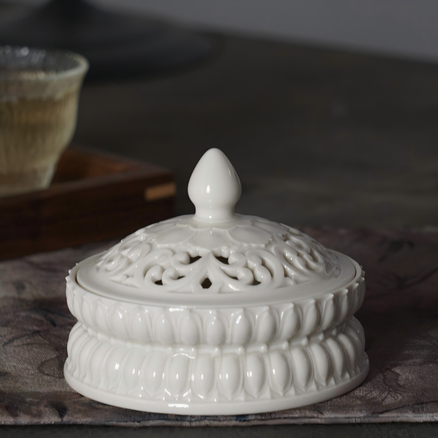 The Serene Lotus & Vine Incense Burner – Handcrafted Ceramic Incense Holder with Lid | Zen Home Ritual | Orithing