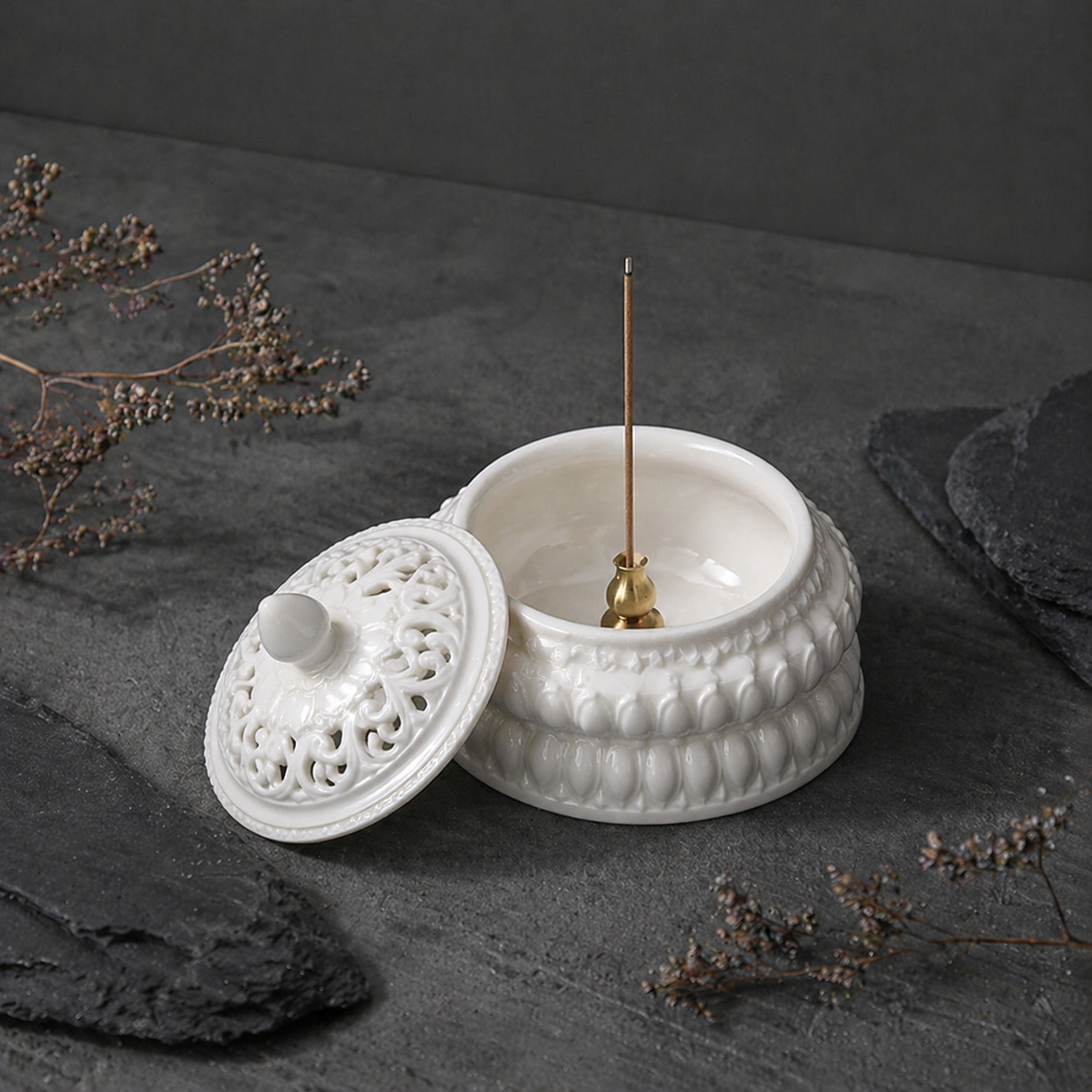 The Serene Lotus & Vine Incense Burner – Handcrafted Ceramic Incense Holder with Lid | Zen Home Ritual | Orithing