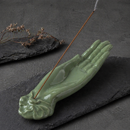 Ceramic Buddha Hand Incense Holder – Minimalist Zen Incense Burner in Green or White | Orithing