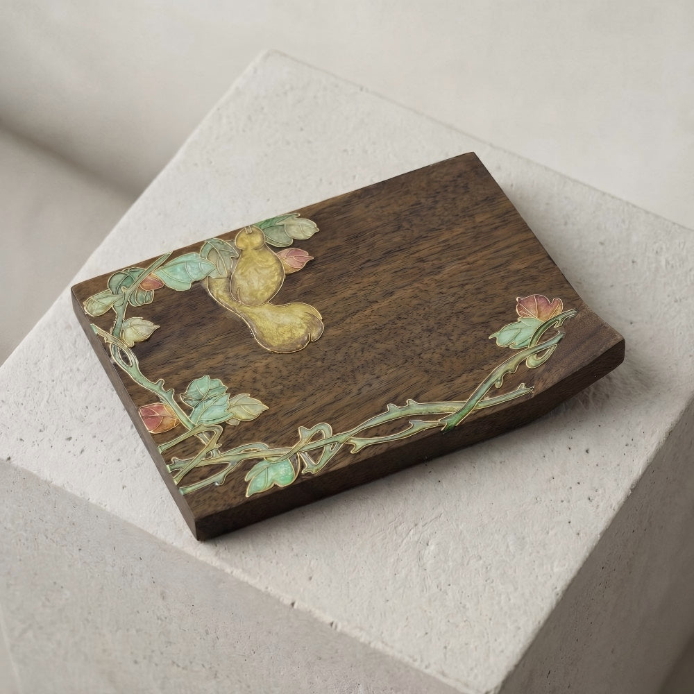 Handcrafted Square Cloisonné Enamel Coaster｜ Black Walnut Wood
