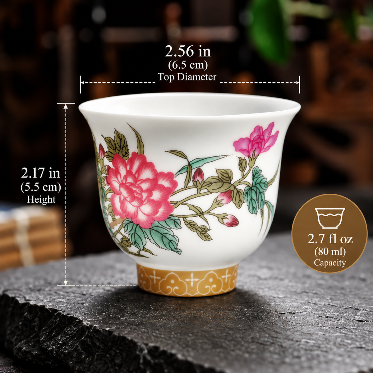 Dehua floral porcelain tea cup size guide: 6.5 cm rim diameter, 5.5 cm height and 80 ml capacity