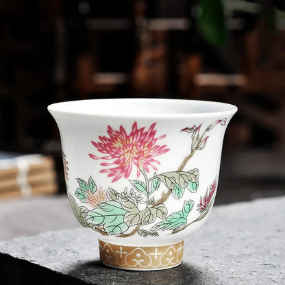 Dehua porcelain tea cup with a large pink chrysanthemum and green foliage