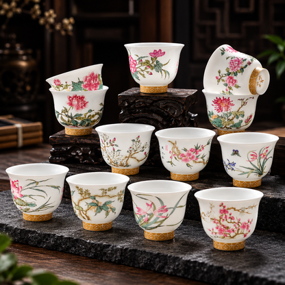 Twelve Months Dehua porcelain tea cup set with colorful floral designs and gold-colored bases on stone display stands