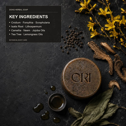 Dong herbal facial soap bar: With an ingredient information panel