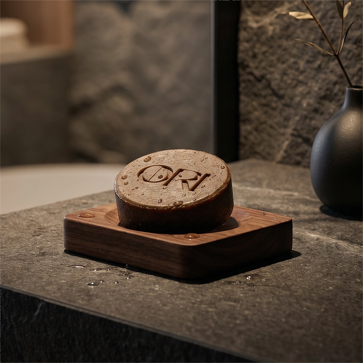 Dong herbal facial soap bar: Lying on a square wooden stand