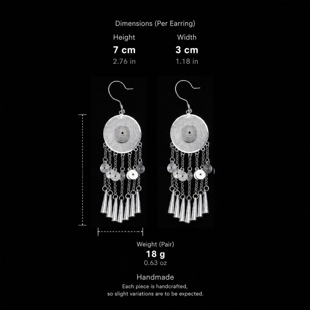 Handcrafted Miao Silver Disc Tassel Earrings – 999 Fine Silver Statement Earrings