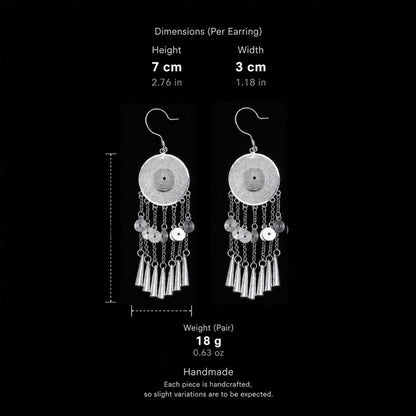 Handcrafted Miao Silver Disc Tassel Earrings – 999 Fine Silver Statement Earrings