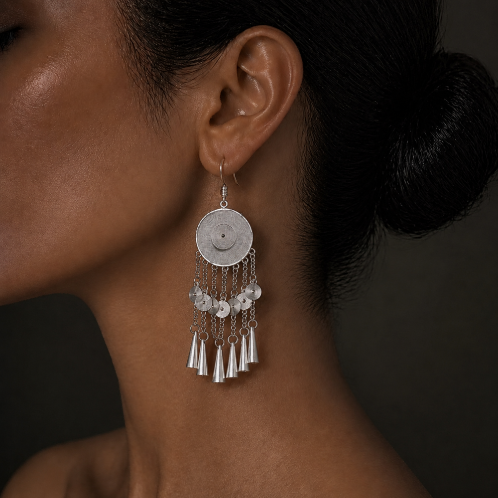 Handcrafted Miao Silver Disc Tassel Earrings – 999 Fine Silver Statement Earrings