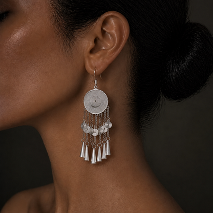 Handcrafted Miao Silver Disc Tassel Earrings – 999 Fine Silver Statement Earrings