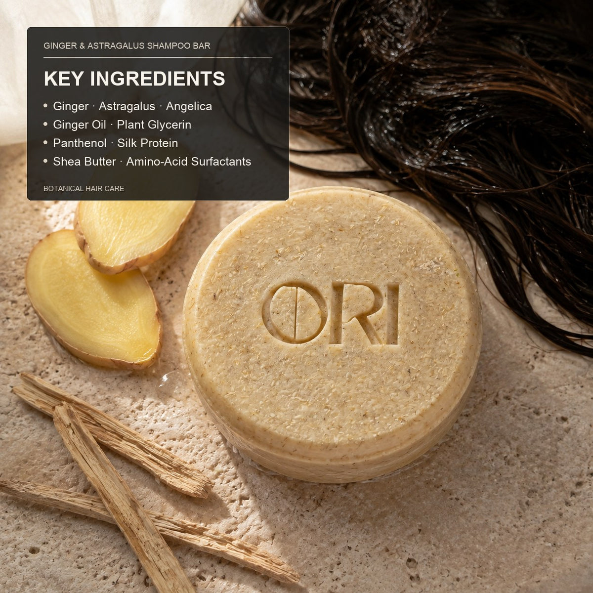 Ginger and astragalus shampoo bar: With an ingredient information panel