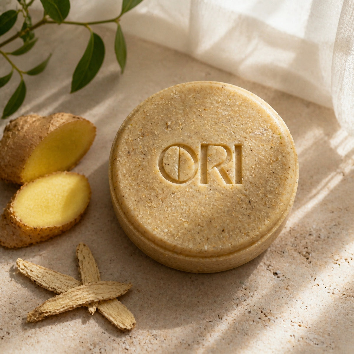 Ginger and astragalus shampoo bar: Lying beside ginger slices on stone
