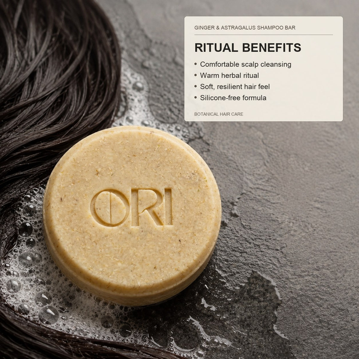 Ginger and astragalus shampoo bar: With a product information panel