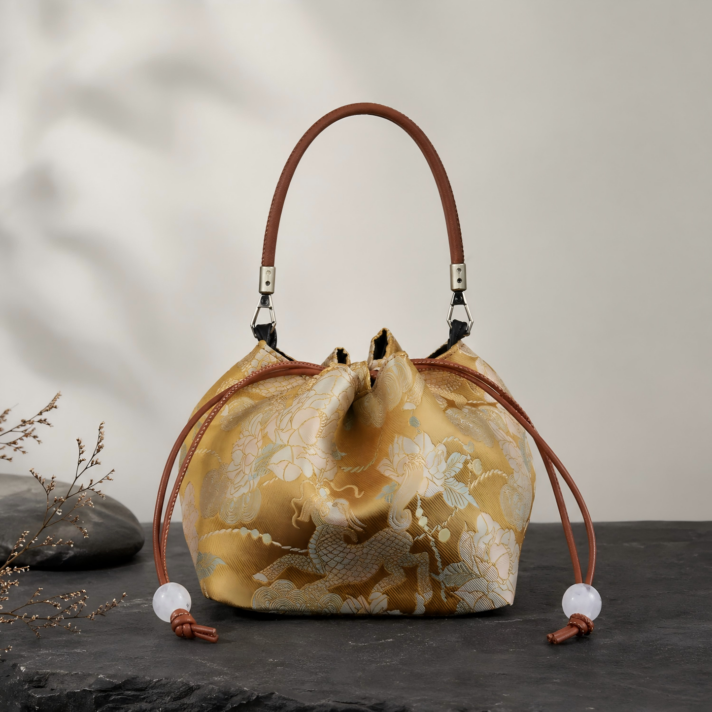 Song Brocade Bucket Bag – Silk Drawstring Handbag with Top Handle | Orithing